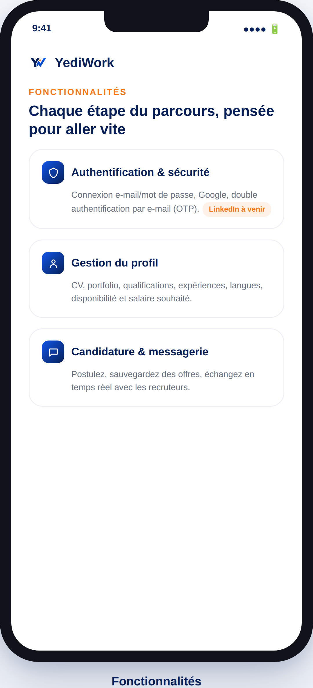 Aperçu des fonctionnalités de YediWork sur mobile